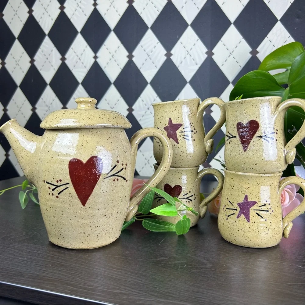 Studio Pottery Tea Set Stoneware Teapot and Four Mugs Heart Star Motif Primitive